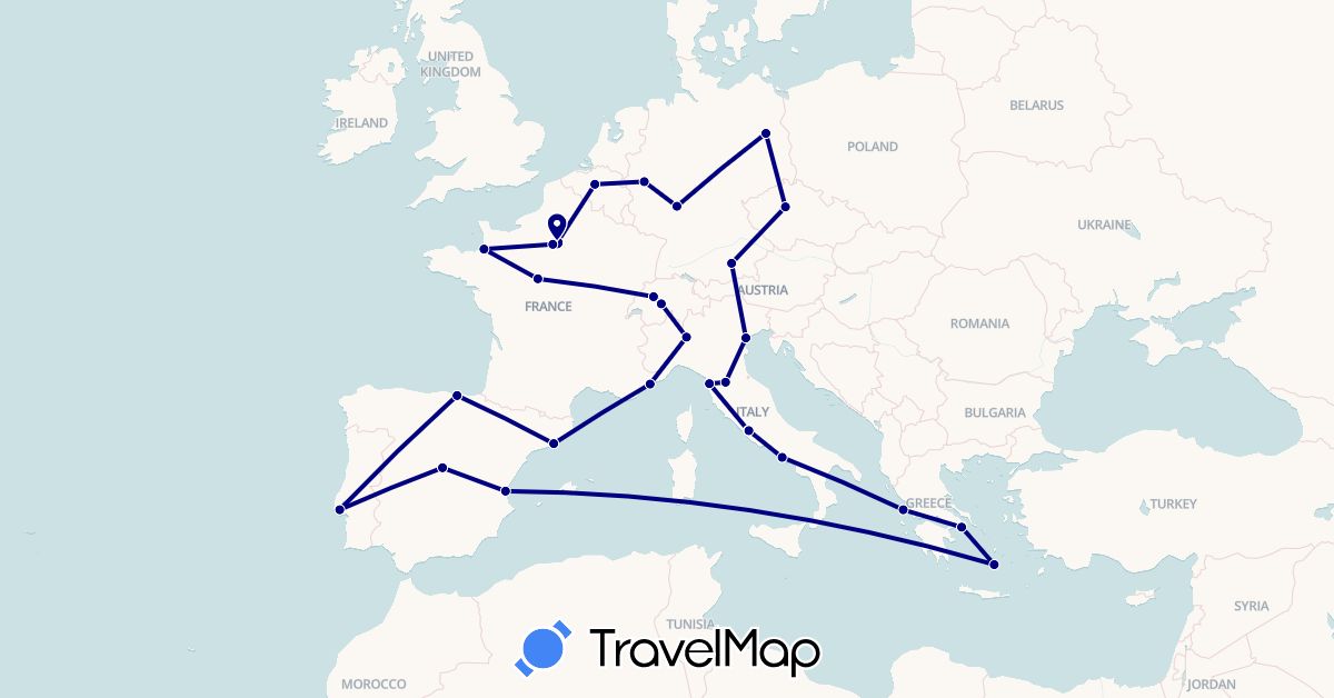 TravelMap itinerary: driving in Belgium, Switzerland, Czech Republic, Germany, Spain, France, Greece, Italy, Portugal, Vatican City (Europe)