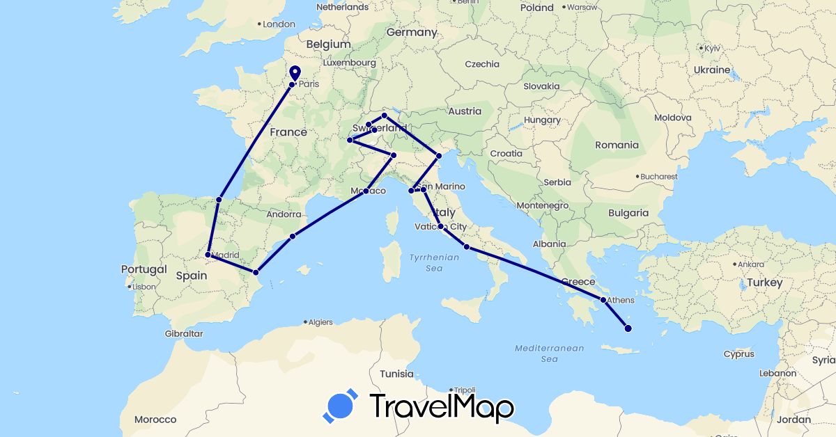 TravelMap itinerary: driving in Switzerland, Spain, France, Greece, Italy, Vatican City (Europe)