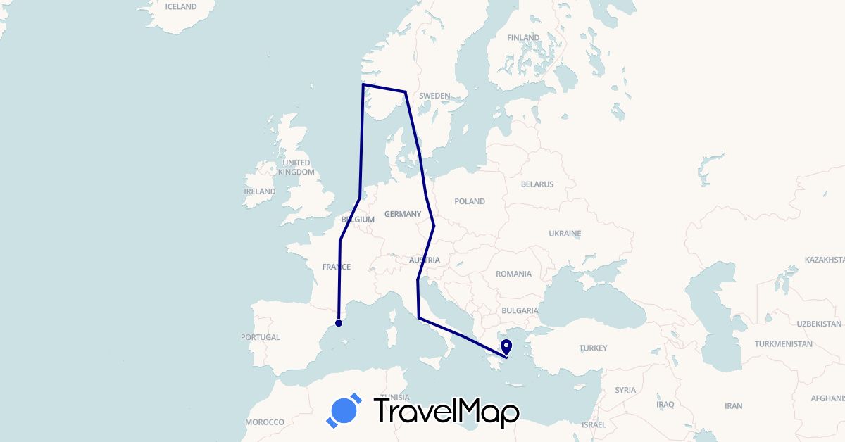 TravelMap itinerary: driving in Czech Republic, Germany, Denmark, Spain, France, Greece, Italy, Netherlands, Norway (Europe)